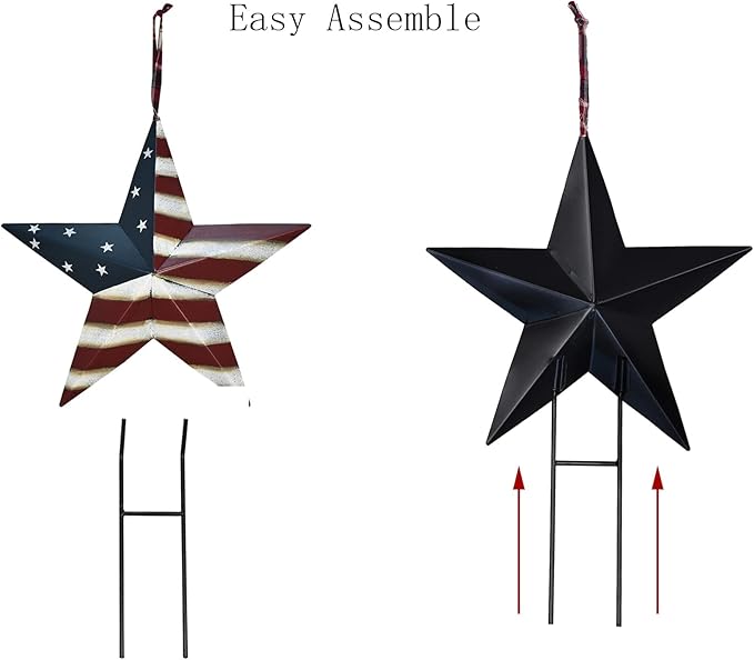 Metal Star Yard Sign with Stake American Decor, 4th of July Patriotic Barn Star Garden Stake Hanging Ornament Wall Decor Veterans Day Memorial Day Outdoor Lawn Decorations