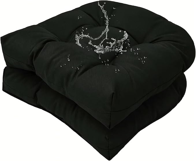 Set of 2 Outdoor Indoor Black Tufted Seat Cushion with Ties 18"x18" Waterproof Patio Chair Pads Tatami Floor Pillow for Dining Garden Balcony Office Decor