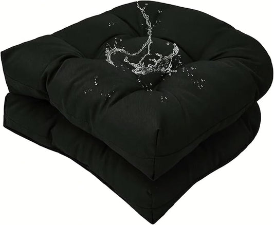 Set of 2 Outdoor Indoor Black Tufted Seat Cushion with Ties 18"x18" Waterproof Patio Chair Pads Tatami Floor Pillow for Dining Garden Balcony Office Decor