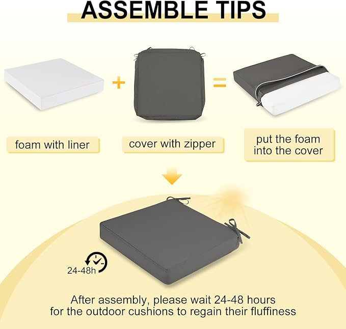 downluxe Waterproof Outdoor Chair Cushions for Patio Furniture, 18" x 18" x 2" Patio Chair Cushion with Non-Slip Ties & Portable Handle, Square Outdoor Cushion with Removable Cover, Dark Grey, 2 Pack
