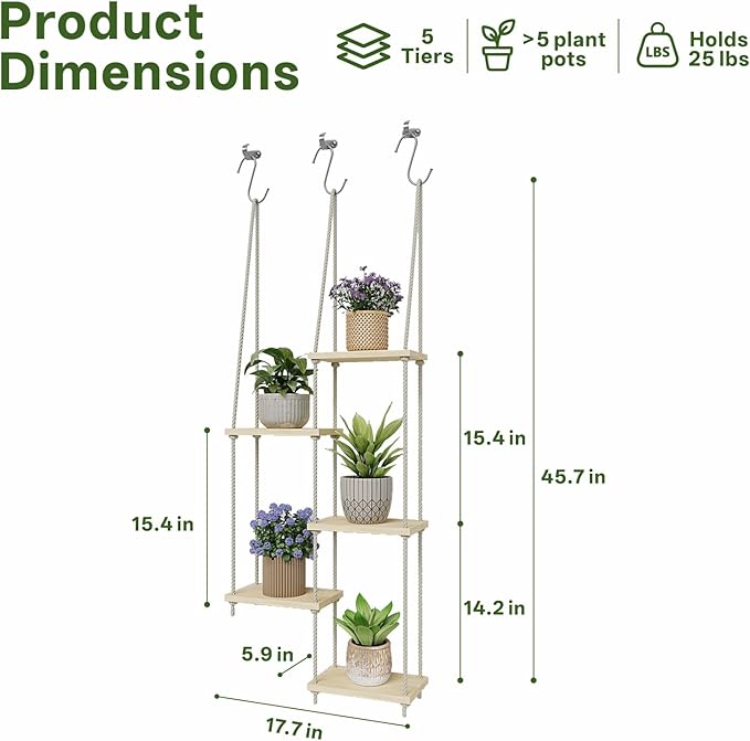 Window Plant Shelves 5-Tier Hanging Plant Shelves for Indoor Window Shelf for Plants Wall Mounted Window Sill Plant Shelf Living Room Garden Boho Decor