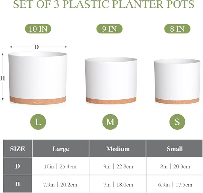 (3 Pack) 10 Inch Plant Pot with Drainage and Saucers, 10/9/8 Inch Plastic Plant Pots for Indoor Plants, Modern Round Planter Set for Flowers, Herbs, Garden Decor (White-Brown)