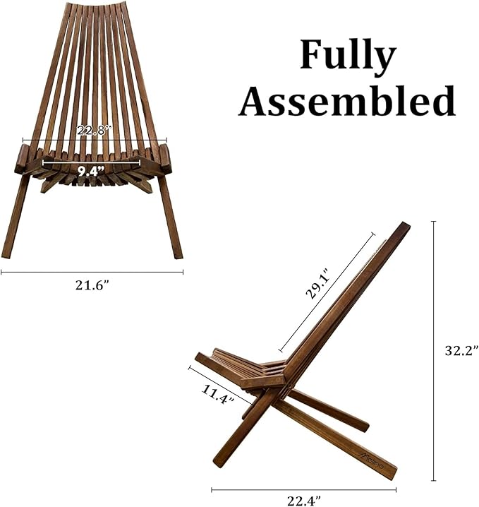 Melino Wooden Folding Tamarack Chairs, FSC Certified Acacia Low Profile Adirondack Chairs, Wood Folding Chair for Outdoor, Patio, Porch, Pool, Backyard, Garden, Balcony and Deck - Chestnut - Single