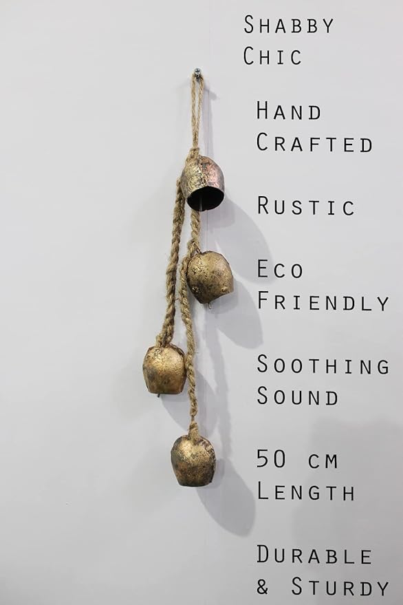 Mango Gifts Rustic Iron 4 Vintage Shabby Chic Metal Barn Bells Decorative Windchime with Rope Relaxing Tranquil Wind Chimes, Country Style, Bohemian Theme Decor 45 cm Height