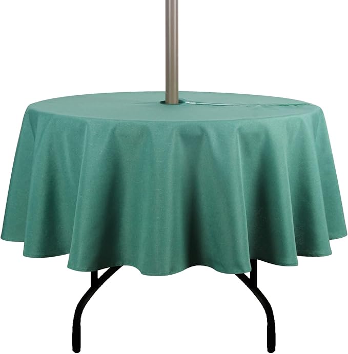 Outdoor Tablecloth Wrinkle-Free Stain Resistant Waterproof Polyester Fabric Table Cover with Zipper Umbrella Hole for Picnic/Party/Dinner/Patio Garden(60inch Round,Zippered,Green)