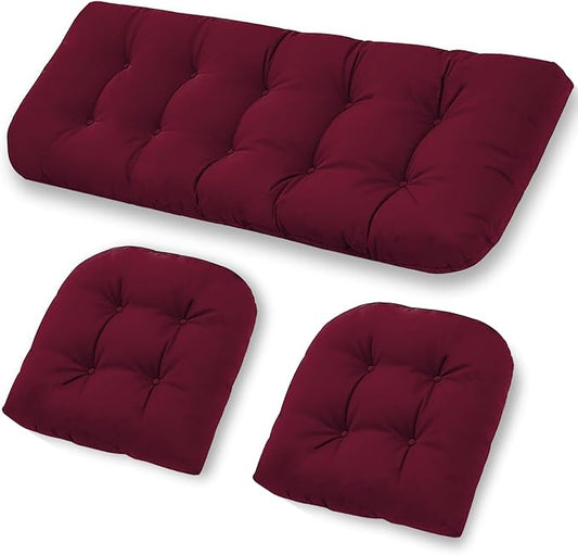 Patio Furniture Cushions Outdoor, Waterproof Wicker Chair Cushions Set of 3, 1 Loveseat & 2 Seat Pads, Thick Outdoor Replacement Cushions for Porch Lawn Bench Couch Sofa Swing, Burgundy