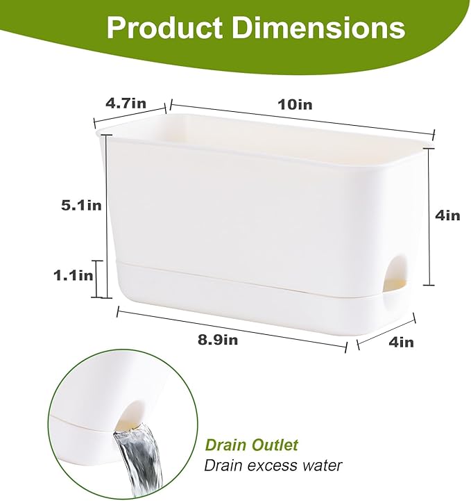 Self Watering Planters: 2 Packs Rectangular Plant Pots with with Drainage and Tray, 10 Inch Window Pot Self Watering Planter for Herb, Houseplants