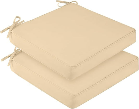 downluxe Waterproof Outdoor Chair Cushions Set of 2, 19" x 19" x 3" Patio Chair Cushion with Non-Slip Ties & Handle, Square Outdoor Cushion for Patio Furniture with Removable Cover, Beige
