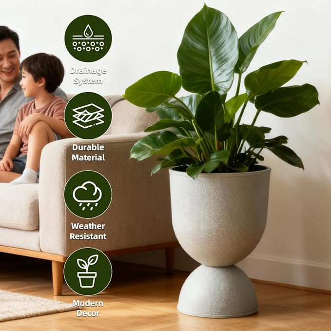 Lookat Modern Hourglass Planter, Indoor Decorative Plastic Plant Container, Textured Metal Look, Contemporary Home Garden Pot (GLOD, CUP001)