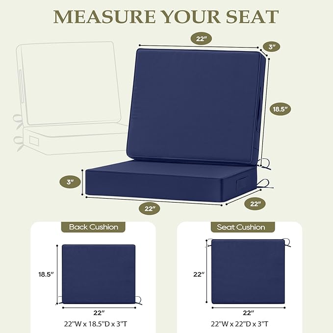 Wellsin Outdoor Cushions for Patio Furniture, Waterproof Outdoor Seat Cushions with Ties and Handle, 22X22 Outdoor Cushions, Outdoor Deep Seat Cushions with Removable Cover, Navy