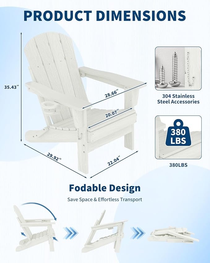 Folding Adirondack Chair Set of 6, All-Weather HDPE Outdoor Chair, Wooden Textured with Cup Holder for patios, Decks, Gardens, fire pits, White