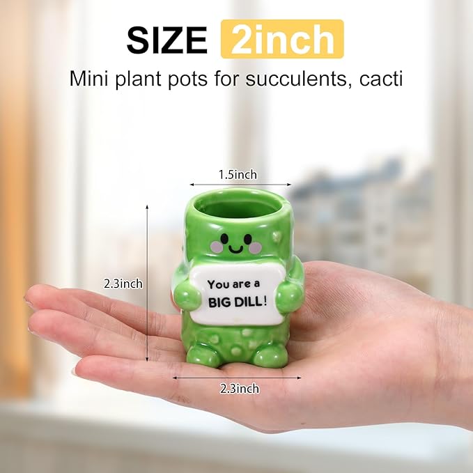 6 Pack 2.5 Inch Pickle Ceramic Succulent Planter Pots with Drainage Hole, Mini Cute Flower Pots Container for Home Office Garden Decoration Emotional Support Buddies Christmas Housewarming Gifts