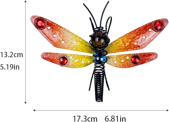 3-Piece Dragonfly Pot Decor - Iron and Glass Painted Hanging Dragonfly Ornament, Plant Pot Hanging Decoration, Outdoor Garden Decor