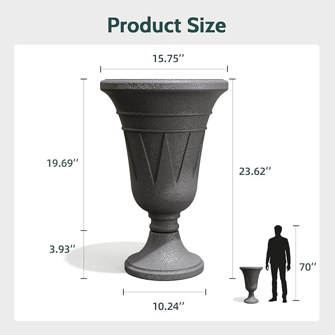 23.6" Tall Plastic Urn Planters for Outdoor Plants, Set of 2 Heavy-Duty Classic Indoor Large Flower Pots with Drainage Holes & Trophy Design, Outdoor Planters for Porch, Home Garden, Dark Grey