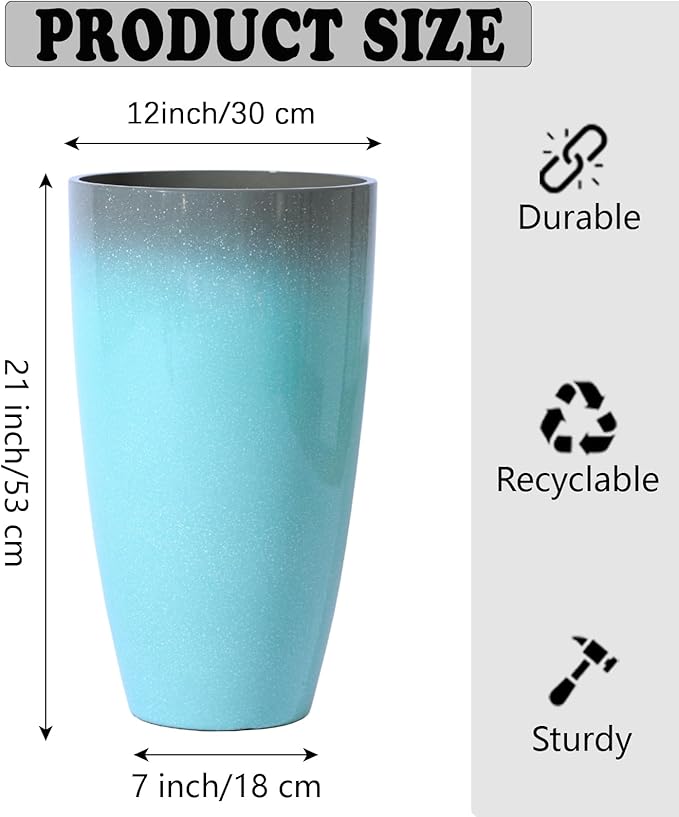 Planters for Outdoor Plants, Large Outdoor Plastic Grey to Azure Gradient Tall Flower Pots 2Pack, Patio Decor Unbreakable Resin, Lightweight Planter