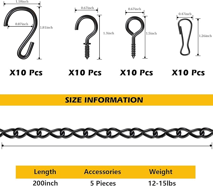 garini Hanging Basket Chain,2P 200 Inch Metal Black Hanging Chain with S Hooks for Planters, Photo, Lantern, Billboards and Planters
