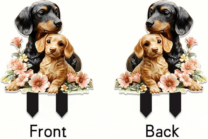 Garden Stake Decor, Acrylic 2D Flat Animal Statue, Fairy Sculptures Ornament Indoor Outdoor Yard Lawn Pot Plant Decorative Accessories (Two-Dogs)