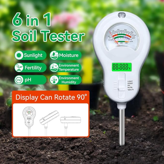 6-in-1 Soil Moisture Meter, PH Tester, Soil Moisture, Fertility, Sunshine Intensity, Temperature, Humidity, with Removable Probe for Gardens, Lawns, Farms (Including 1*AAA Batteries) (3)