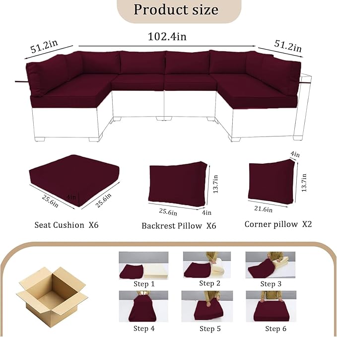 14 Pieces Outdoor Sectional Replacement Cushions for Patio Furniture, 4in Thick Outdoor Sofa Cushions for 6 Seat, Waterproof Deep Seat Couch Patio Cushions Set (Wine red)