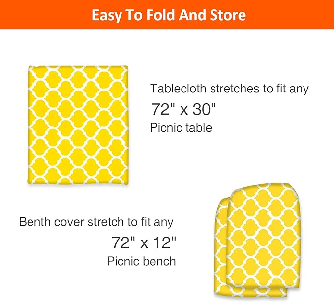 KENOBEE 6ft Picnic Table and Bench Cover, Camping Essentials RV Gear, 72in Waterproof Windproof Outdoor Elastic All Around Tablecloth, Fitted Rectangle Tables and Seats, Yellow-White Moroccan