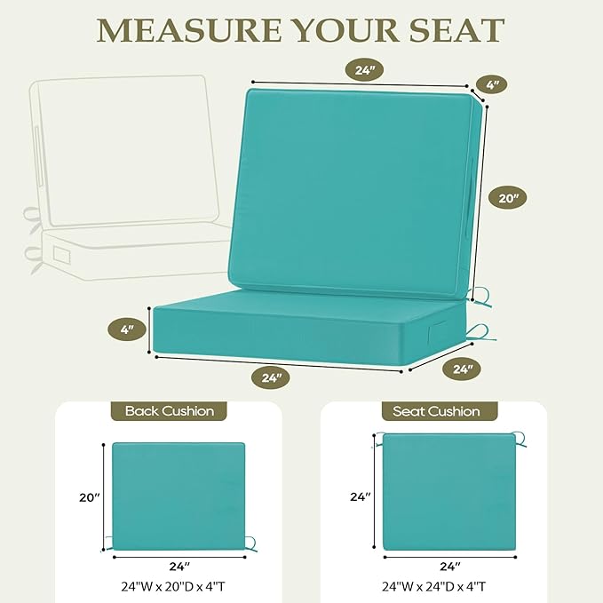 Wellsin Outdoor Cushions for Patio Furniture, Waterproof Outdoor Seat Cushions with Ties and Handle, Outdoor Cushions 24 X 24, Outdoor Deep Seat Cushions with Removable Cover, Teal