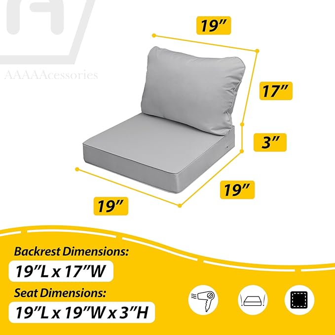 AAAAAcessories Outdoor Seat Cushions for Chairs, Fade-Resistant, Waterproof Patio Furniture Replacement Cushions, 19" x 19" x 3" + 19" x 17", Set of 2, Gray