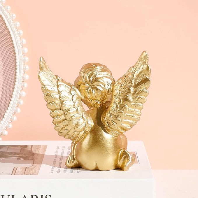 YUEOECOR 2PCS Cherubs Angels Resin Garden Statue Figurine, Adorable Angel Sculpture Memorial Statue Indoor Outdoor Home Garden Decoration (B 2PCS Gold)