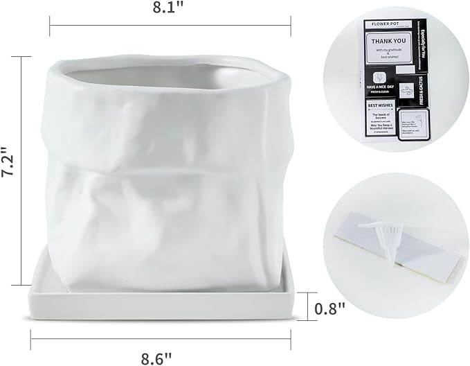 Nihow Ceramic Plant Pot: 8 Inch Planter with Drainage Hole & Square Saucer for Herbs/Plants, Bag Shape Design Flower Pot for Indoor & Outdoor Garden Decor - White