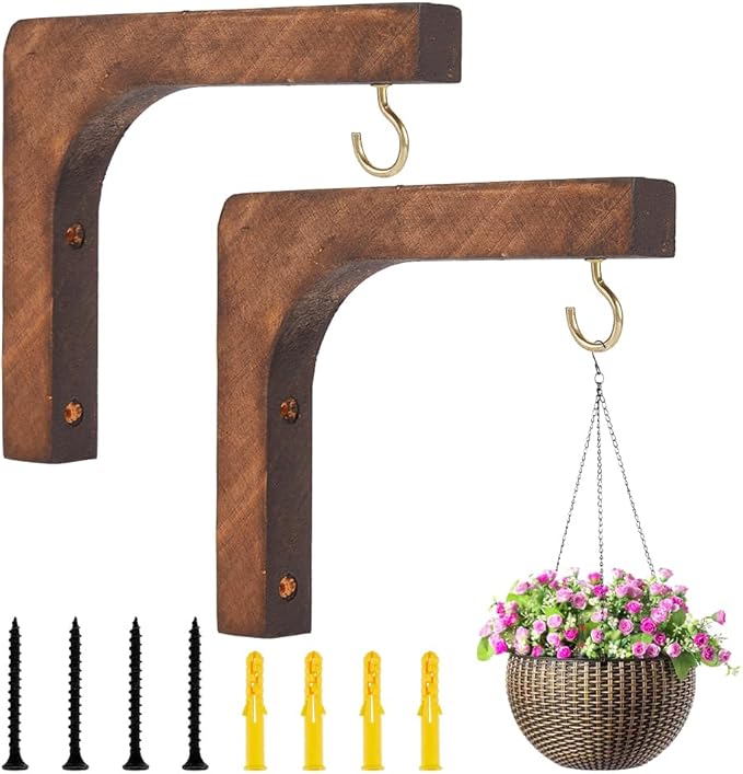 DICOSMETIC 2 Sets Wood Plant Hooks Wooden Plants Hanger 38.5x8.5mm Hanging Plant Holder L-Shaped Indoor and Outdoor Brackets Plants Hanger Wood Hook for Planters, Lanterns, Bird Feeders