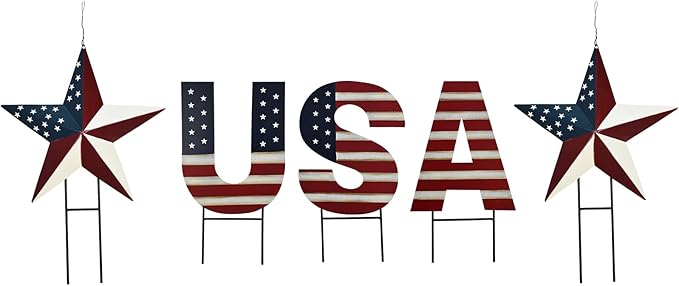 Veclotch 4th of July Metal USA Barn Star Yard Sign Outdoor Lawn Decor, Patriotic Letter Hanging Ornament Garden Signs Decorative Stake Memorial Day Party Supplies, Multi