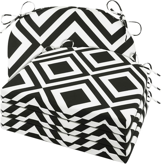 Cozyide Outdoor Chair Cushions, Waterproof Patio Seat Cushions with Adjustable Straps, Round Corner Patio Chair Cushions for Garden, Black Geometry, 17x16x2 Inch (Pack of 4)