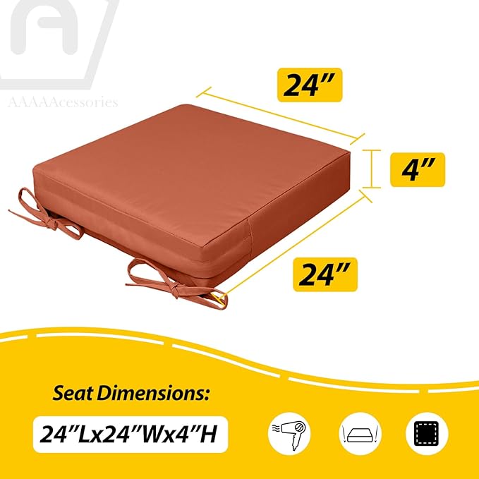 AAAAAcessories Outdoor Seat Cushions for Chairs, Waterproof, Fade-Resistant, 24" x 24" x 4", Patio Furniture Replacement Cushions, Set of 2, Rust
