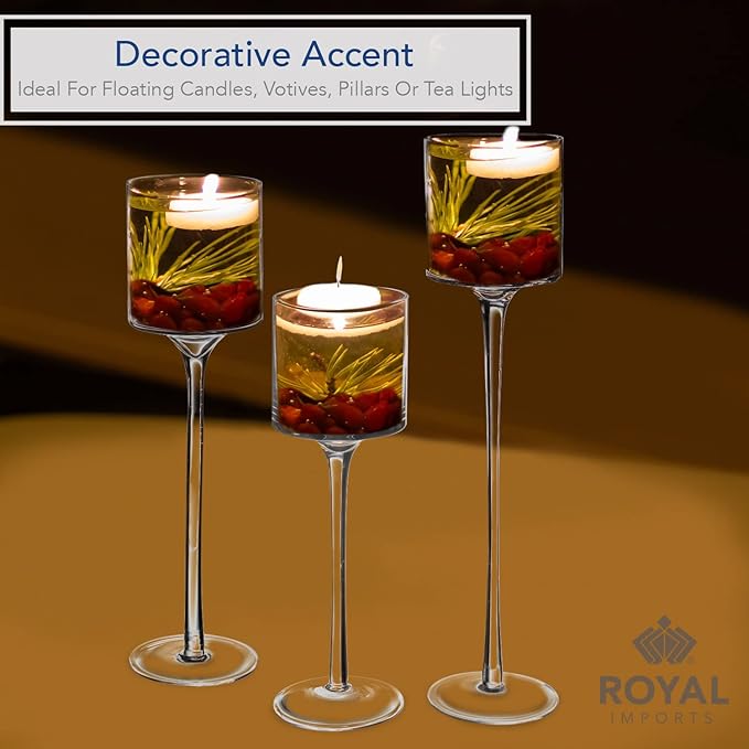 Royal Imports Glass Candleholder Flower Vase, Floating & Pillar Candle Centerpiece Display, Decorative Hurricane on Pedestal for Home or Wedding Set of 3, Clear