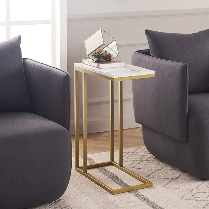 ROSEN GARDEN C-Shape Side End Table Set, Faux Marble Tray Snack Table with Metal Frame, Laptop Coffee Holder, Modern Furniture