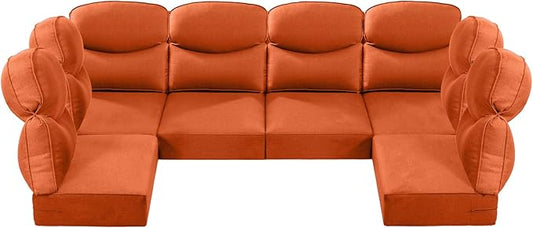 Luxury 24x24x6 Outdoor Seat Cushions for 6-Seat Sectional Sofa Set of 6 - Water-Repellent 14-Piece Patio Cushion Set for Outside Rattan Wicker Loveseat Chair L-Shape Couch - Orange/Smile