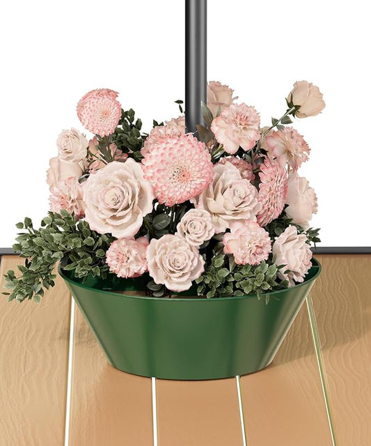 Koutemie 2-in-1 Umbrella Planter for Patio Table & Pole, Half Round Flower Planters Pots with Umbrella Hole Fits Poles Up to 2” Diameter, PVC Post Planter Wrap Around Umbrella for Garden, Green