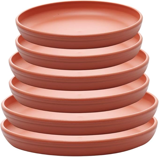 SAROSORA Round Plastic Plant Saucer Drip Tray 12" Set of 6 for Indoor Outdoor Home Garden Flower Plant Container Flower Pot Pallets ((9.4''+10.4"+12'') x2, Terracotta)