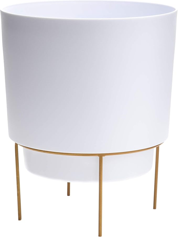 Bloem Hopson Decorative Resin Cachepot with Metal Stand, 10" Indoor and Outdoor Planter with Gold Metal Stand, White