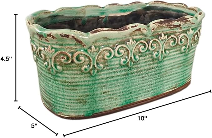 Rectangular Ceramic Orchid Plant Pot French Country Planter Succulent Container Windowsill Planter Decoration (10 Inch Length, Rectangle) (Green)