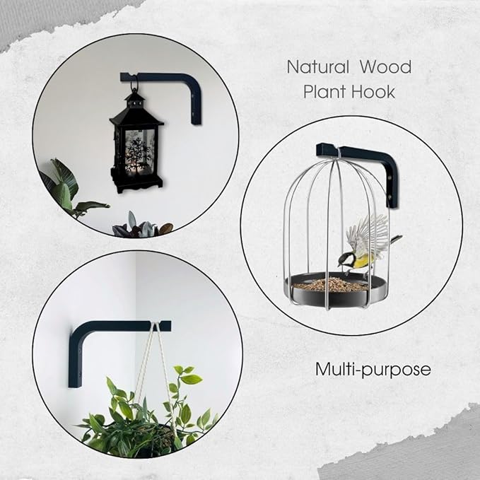 EvenWood 2-Piece Set of Plant Hooks for Wall 6 inch - Mounted Wooden Plant Hook - Indoor and Outdoor Bracket Plant Hanger for Planters, Lanterns, Bird Feeders, Patio Decorations (Black)