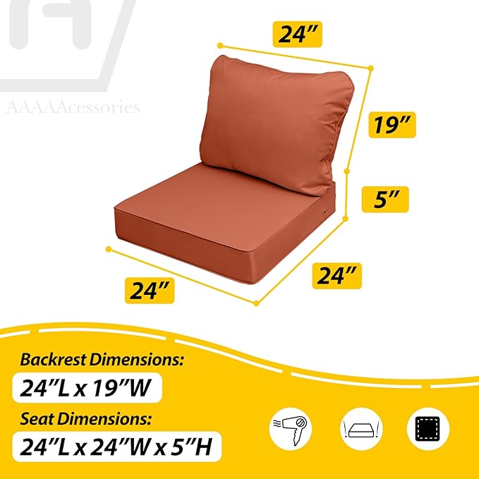 AAAAAcessories Outdoor Deep Seat Cushions, Waterproof, Fade-Resistant Patio Furniture Replacement Cushions, 24" x 24" x 5", Set of 4, Rust