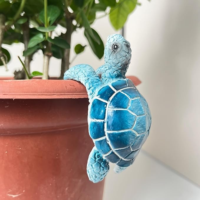 Cute Climbing Tortoise Flower Pot Hugger Figurines Resin Hanging Turtle Statue Planter Pot Decorations for Home Garden Fence Balcony Patio Lawn Yard Ornaments (Blue Sea Turtle)