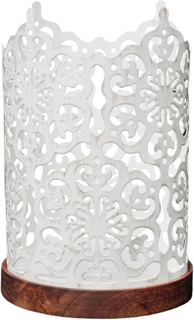 Hosley 7.5" White Metal Candle Holder – Diamond Cut Design Lantern for Home Decor, Weddings, Parties, Events, Gifts & Indoor Outdoor Lighting
