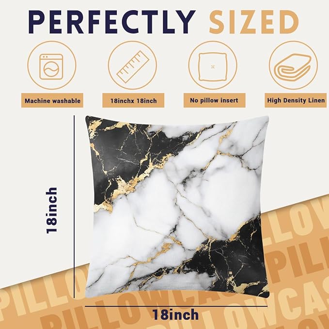 Marble Pillow Covers 18x18 inch Set of 4, White Black Gold Texture Modern Elegant Pillow Covers, Pillowcases Throw Pillow Covers for Sofa Couch Home Decor
