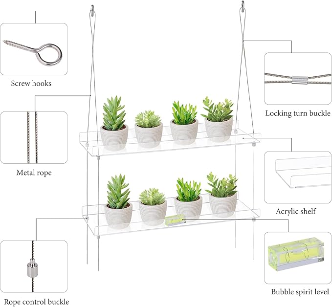 Sumerflos 2-Tier Acrylic Window Boxes Plant Shelves for Window of Kitchen, Bedroom, Living Room, 16 Inch Wall Flower Double Hanger Boxes Adjustable Hanging Shelves for Indoor Plants, Succulents