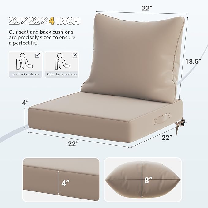 UDPATIO Outdoor Cushions for Patio Furniture, 22 x 22 Outdoor Deep Seat Cushions with Waterproof Fade Resistant, Outdoor Chair Cushions with Adjustable Snaps, Removable Cover and Handle, Beige