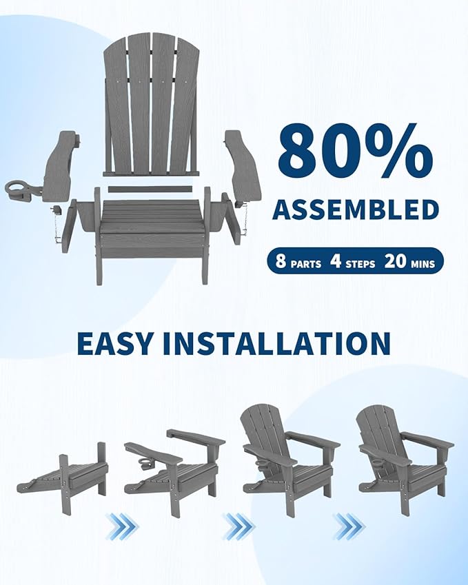 Folding Adirondack Chair Set of 6, All-Weather HDPE Outdoor Chair, Wooden Textured with Cup Holder for patios, Decks, Gardens, fire pits, Grey