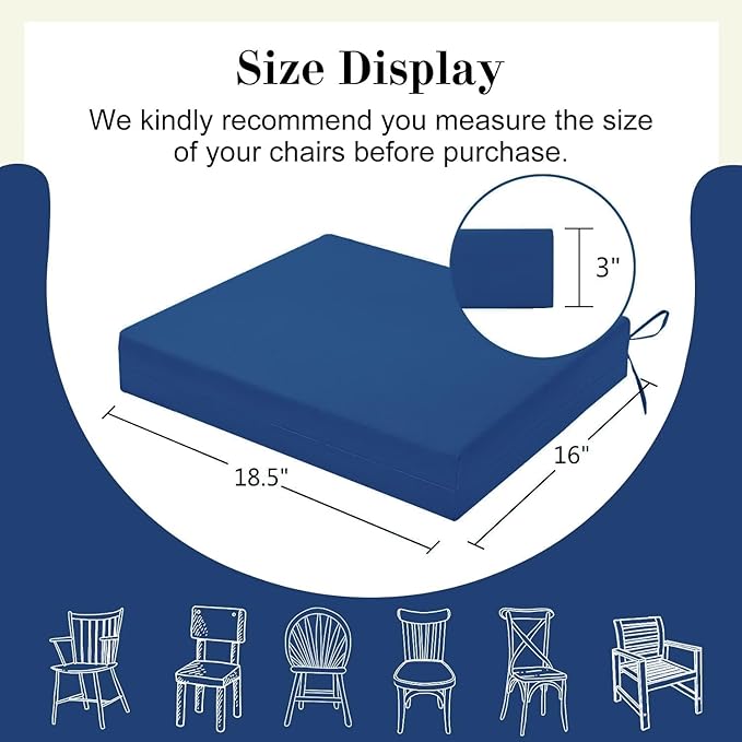 Cozyide Outdoor Chair Cushions, Waterproof Patio Seat Cushions with Adjustable Straps, Square Corner Patio Chair Cushions for Garden, Royal Blue, 18.5x16x3 Inch (Pack of 4)