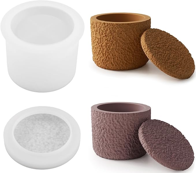 Storage Box with Lids, Silicone Candle Jar Molds Set, Creative Vessels Pot Molds, Concrete Round Stripe with Cover Bottle Making Moulds for Holder (D-Rough Short)