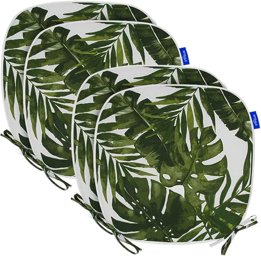 SleepMan Outdoor 17"x16" Chair Cushions with Ties Set of 4, Water Resistant All Weather U-Shape Seat Pads for Patio Garden Furniture Indoor Fade Resistant Patio Cushions (Green Leaf)
